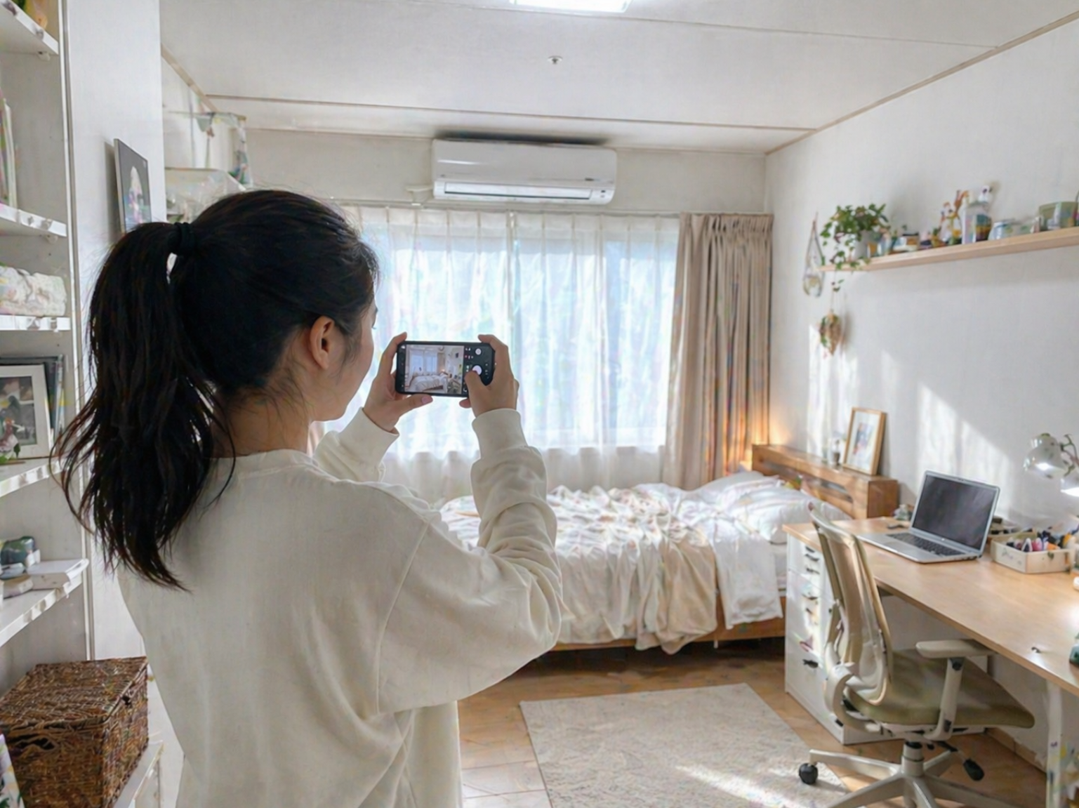 셀프 인테리어 전에 스마트폰으로 원룸 사진을 찍어 공간을 점검하는 모습