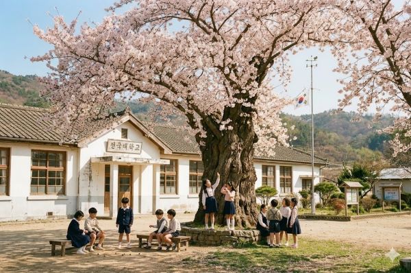 시골 학교교정, 벛꽃