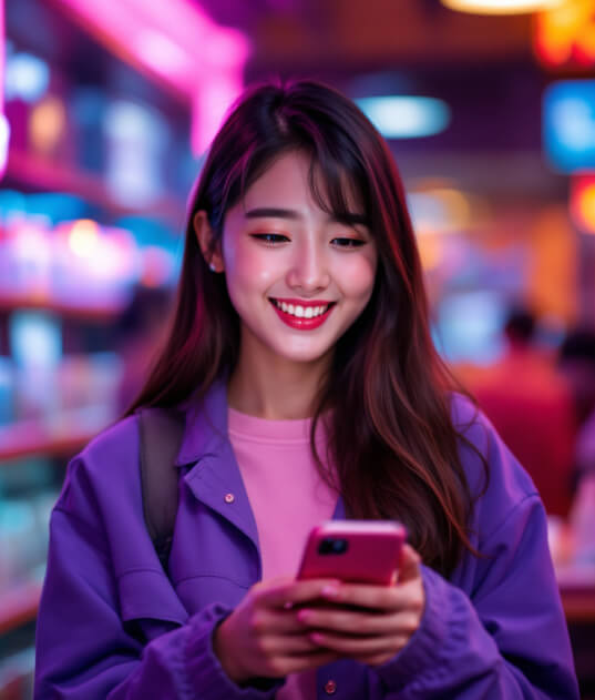 밝고 화려한 네온 조명 아래에서 스마트폰을 들고 미소 짓고 있는 젊은 여성. 보라색 재킷과 분홍색 상의를 입고 있으며, 활기찬 분위기의 실내 공간이 배경으로 보인다