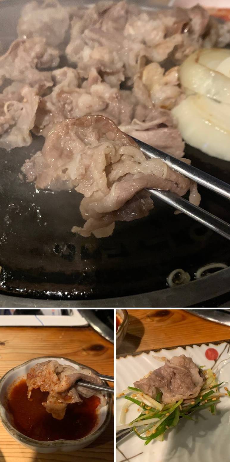 구워진 고기와 소스, 파채와 먹는 모습