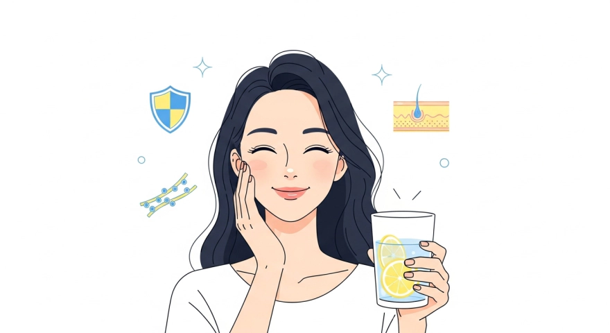 레몬즙의 비타민C가 면역과 피부 건강에 도움을 주는 느낌을 표현한 이미지