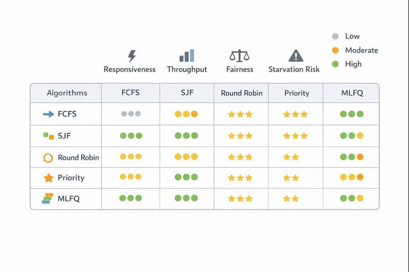 FCFS, SJF, 라운드 로빈, 우선순위, MLFQ를 응답성·처리량·공정성·기아 위험 관점에서 비교해 장단점을 한눈에 보여주는 도식