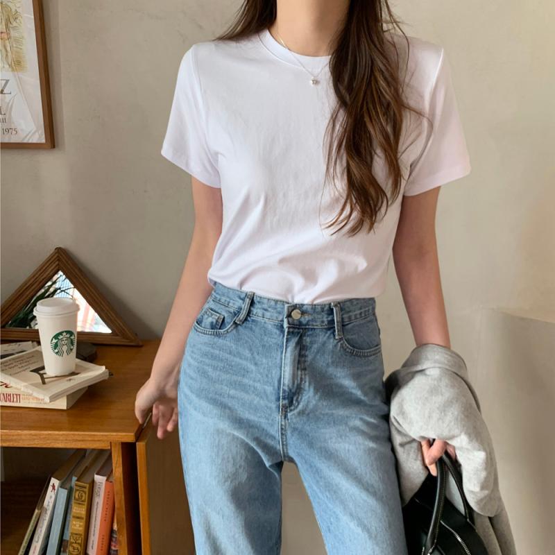 쫀득 면 스판 여름 가을 여성 티셔츠 코튼 기본 레이어드 이너 여자 반팔티 흰티