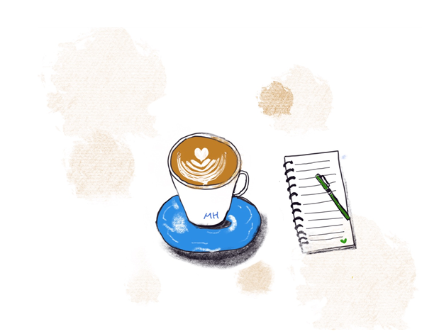 커피 한 잔과 노트와 연필이 놓여져 있는 그림
