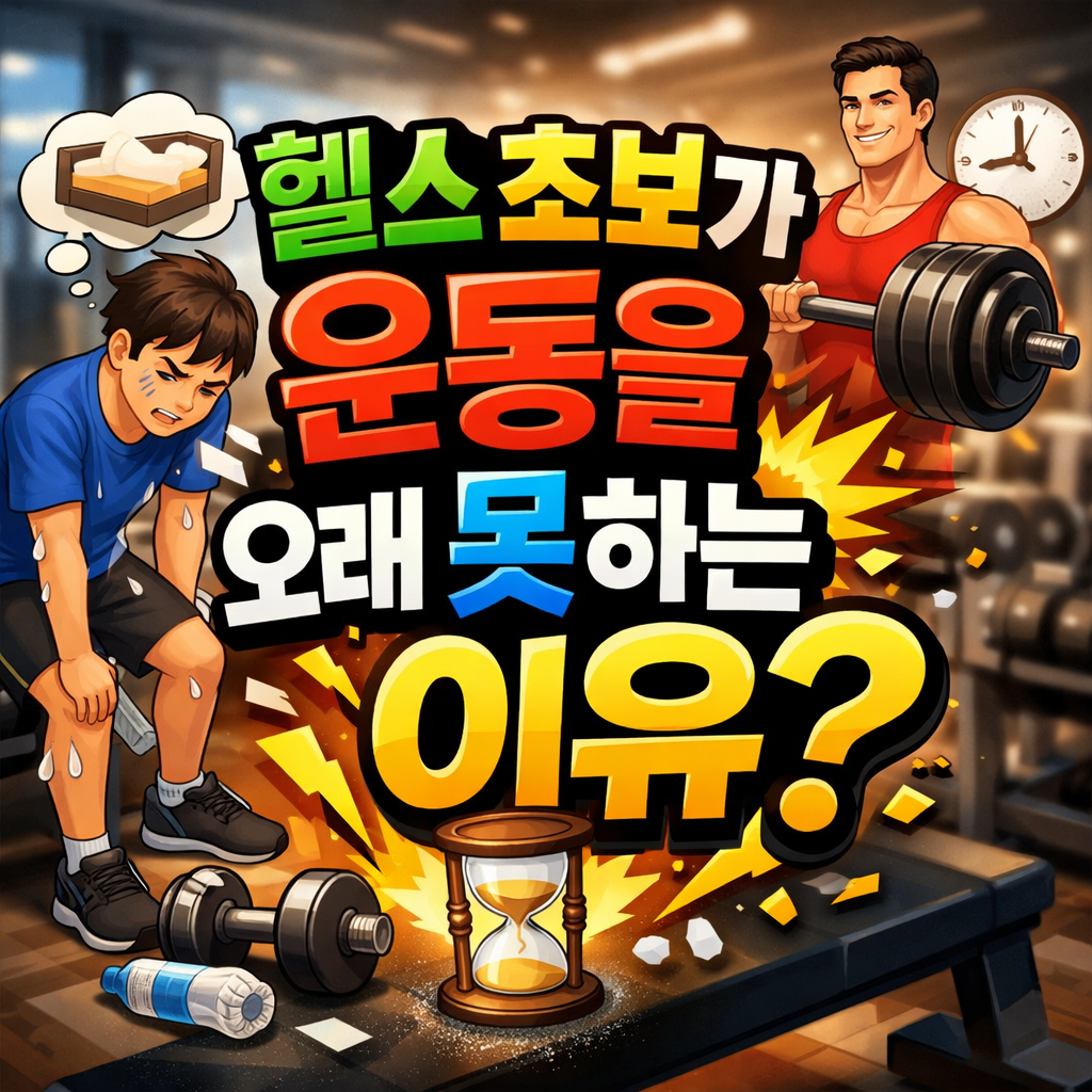 헬스 초보와 헬스 초급자가 과도한 운동 강도와 회복 부족으로 운동을 오래 지속하지 못하는 이유를 설명하는 이미지