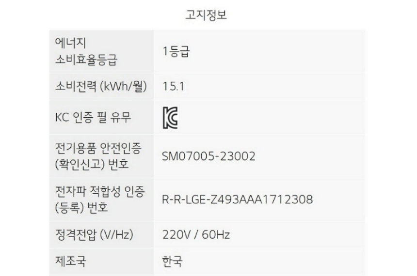 LG 김치냉장고 Z493MWW151S 에너지 효율 정보