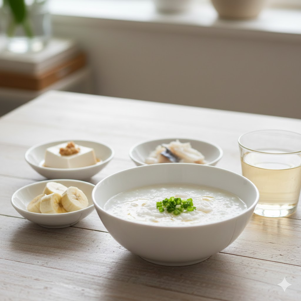 정갈하게 차려진 흰 죽 차림상 또는 소화에 좋은 음식 이미