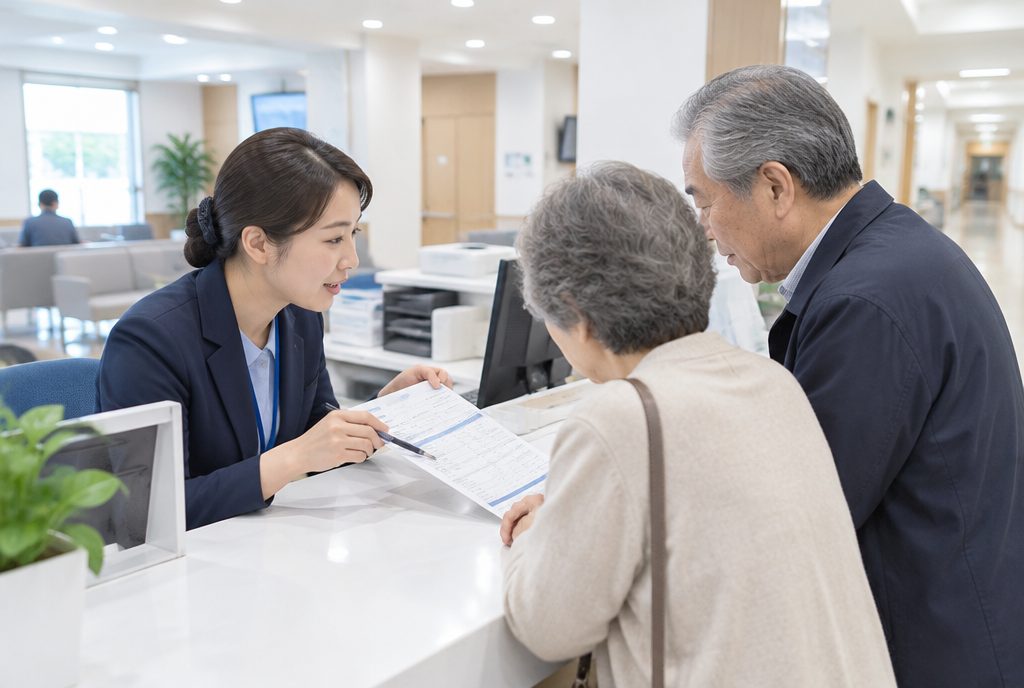 병원 원무과에서 산정특례 적용을 설명 듣는 가족