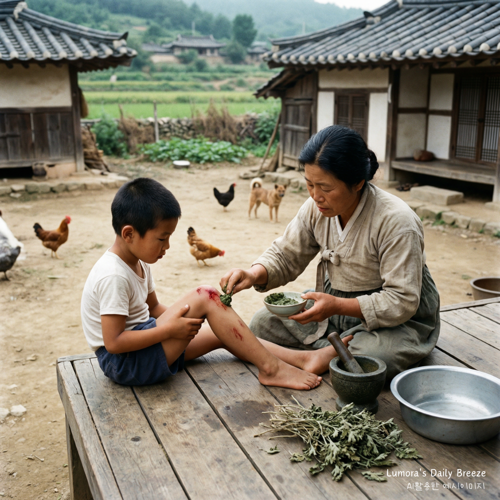 쑥의 효능중에는 지혈효과가 있다. 그래서 아주 옛날에는 쑥을 찧어 상처부위에 발라주곤 했는데 그 모습을 이해를 돕기위한 이미지.