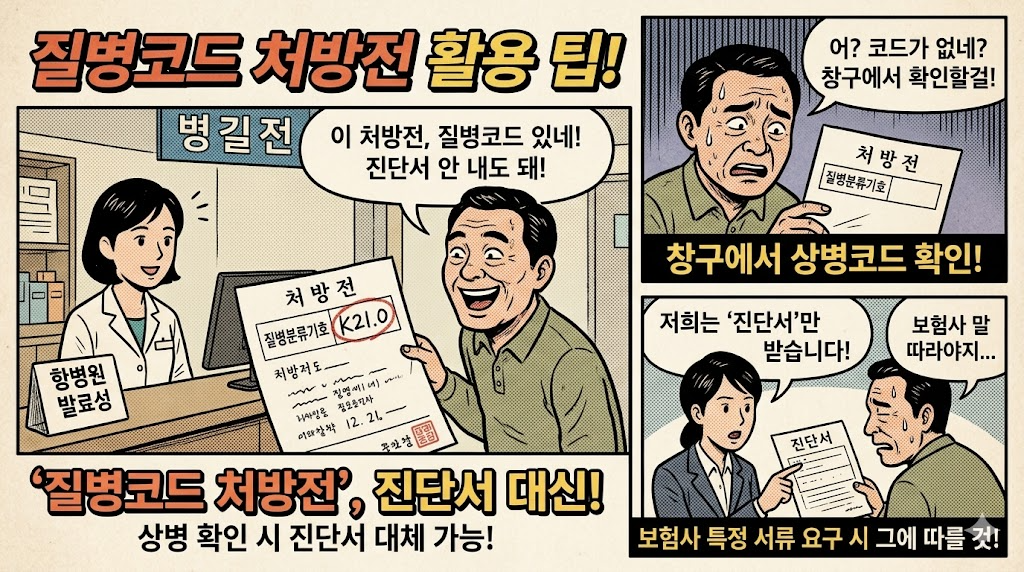 처방전에 질병코드가 포함된 경우 진단서 대체 가능성과 보험사 기준 확인 필요성을 보여주는 이미지