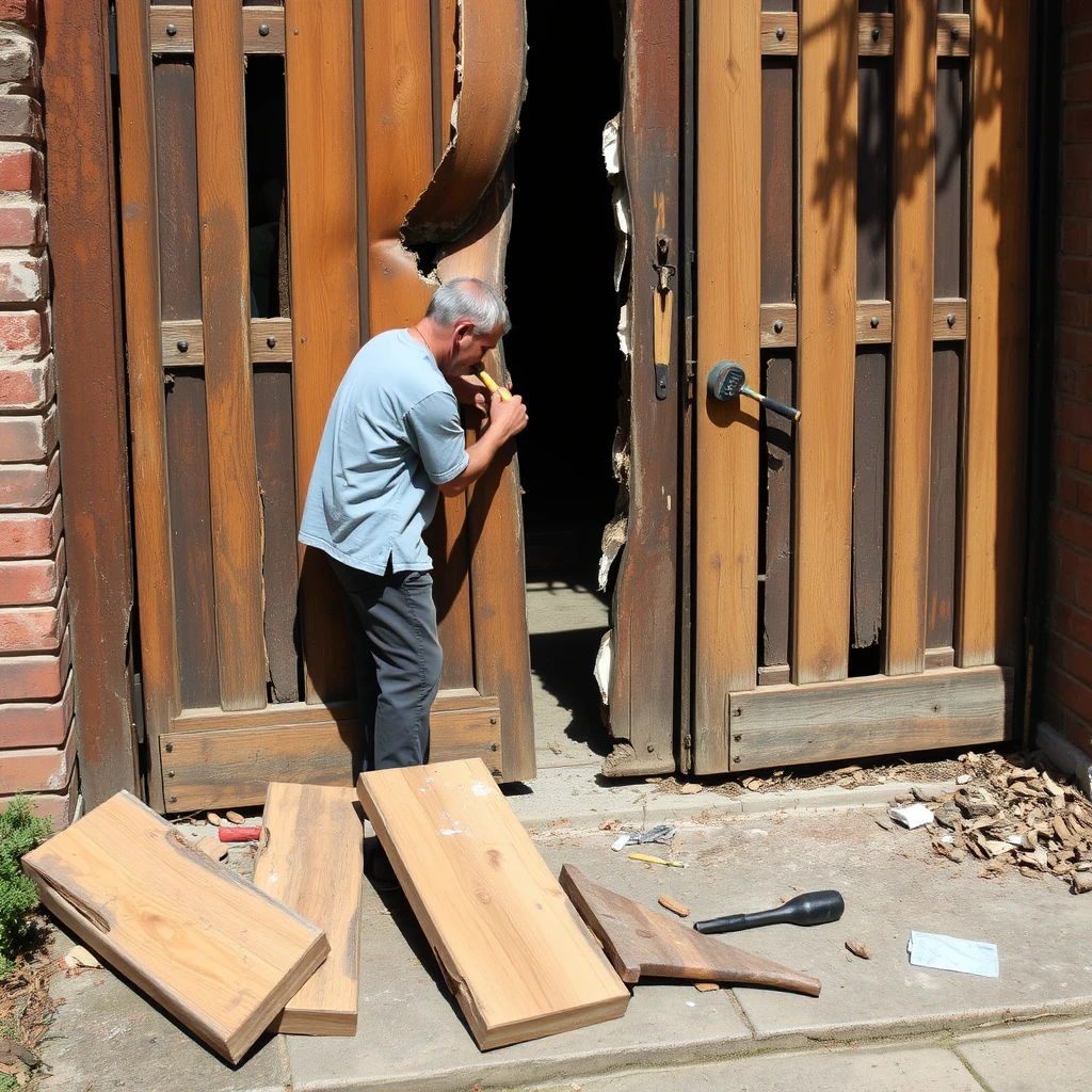 대문을 고치고 있는 남자