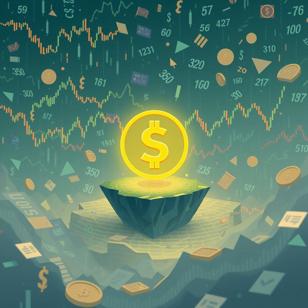 금융 시장을 상징하는 혼란스럽고 역동적인 그래프, 차트, 숫자들 속에서 안정적인 섬이나 피난처처럼 스테이블 코인 심볼이나 아이콘이 평화롭게 자리 잡고 있는 모습을 표현합니다. 주변의 시장 변동성으로부터 보호받는 듯한 느낌을 강조하며, 차분하고 안정적인 색감을 사용합니다.