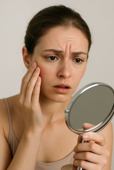 걱정스러운 얼굴로 거울을 보는 모습