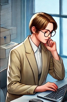 책상앞에 앉아 모니터를 보며 한손을 턱에 괸체 고민하는 모습