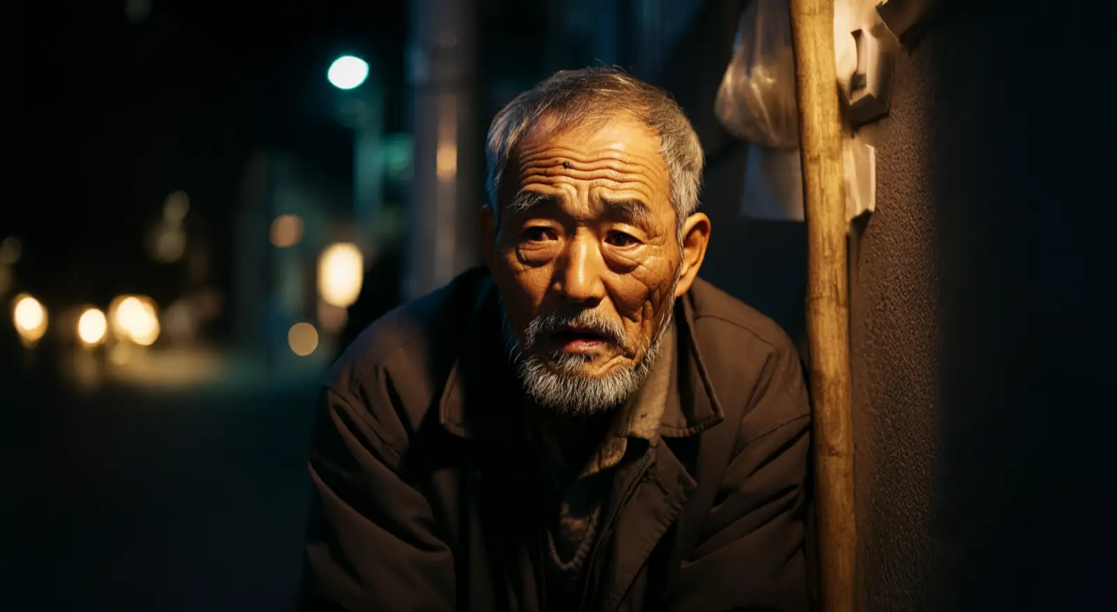 가난한 노인이 근심에 쌓여 있다.