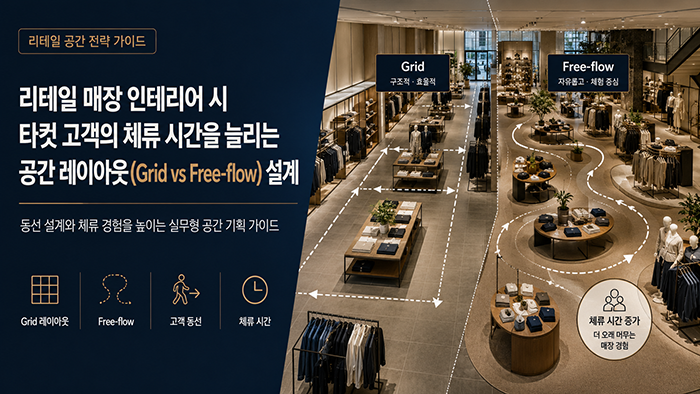 리테일 매장 인테리어 시 타깃 고객의 체류 시간을 늘리는 공간 레이아웃(Grid vs Free-flow) 설계