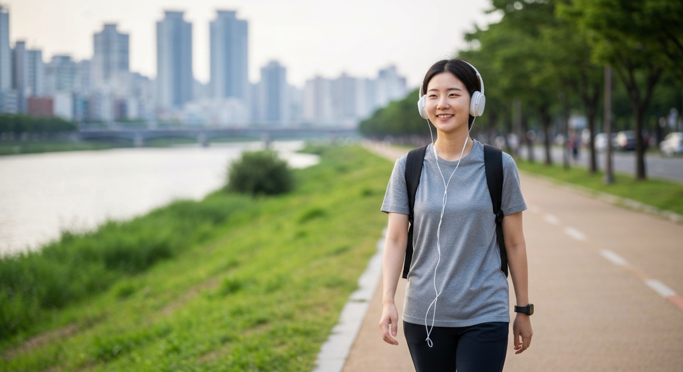 활기찬 도시 강변을 따라 아침 산책을 즐기며 활력을 되찾는 한국인