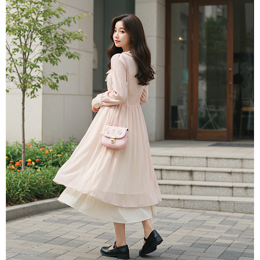 벚꽃잎이 흩날리는 길을 걷는 여성의 모습입니다. 핑크색 셔링 블라우스와 아이보리색 롱 플리츠 스커트를 매치하여 부드러운 분위기를 연출했으며, 흰색 메리제인 슈즈를 신고 작은 베이지색 숄더백을 메어 편안함과 스타일을 동시에 잡았습니다.