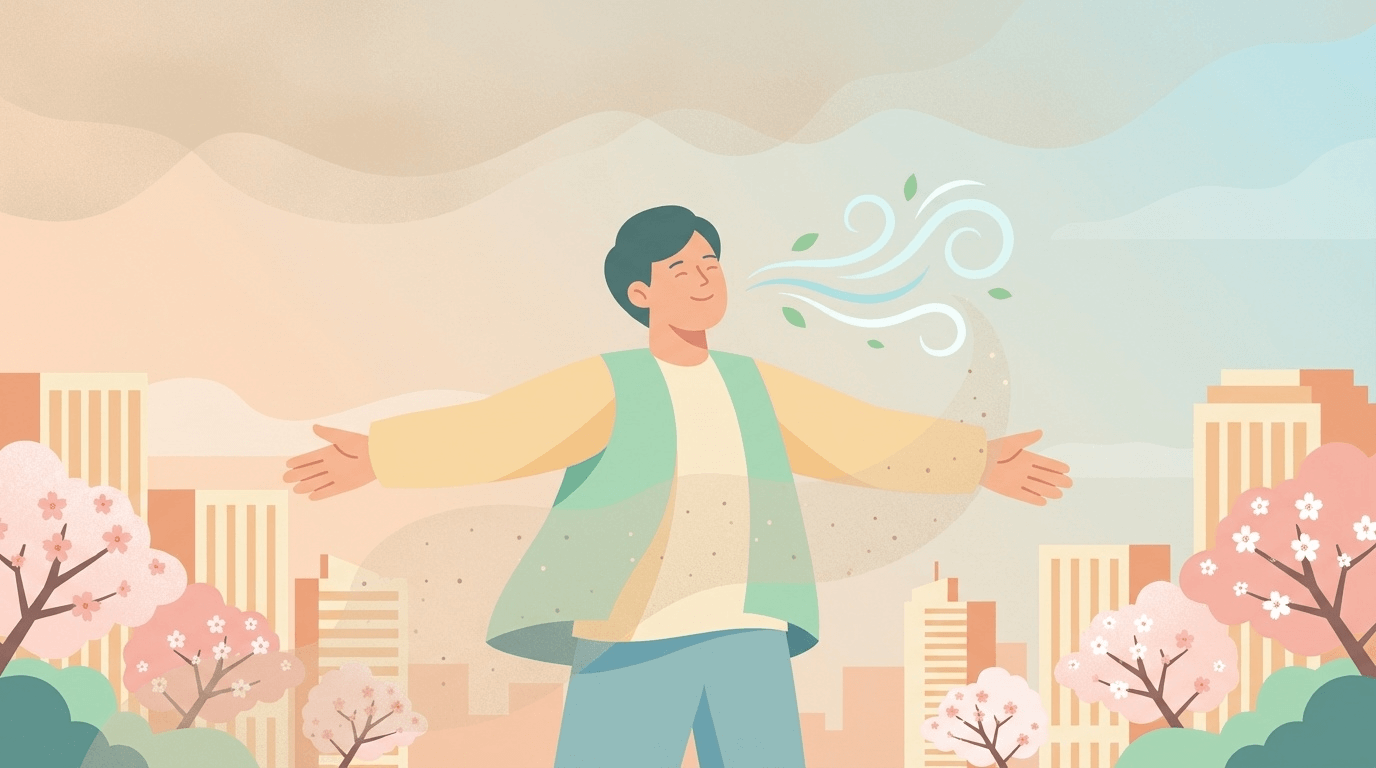 봄철 미세먼지 속 호흡기 건강 관리 일러스트