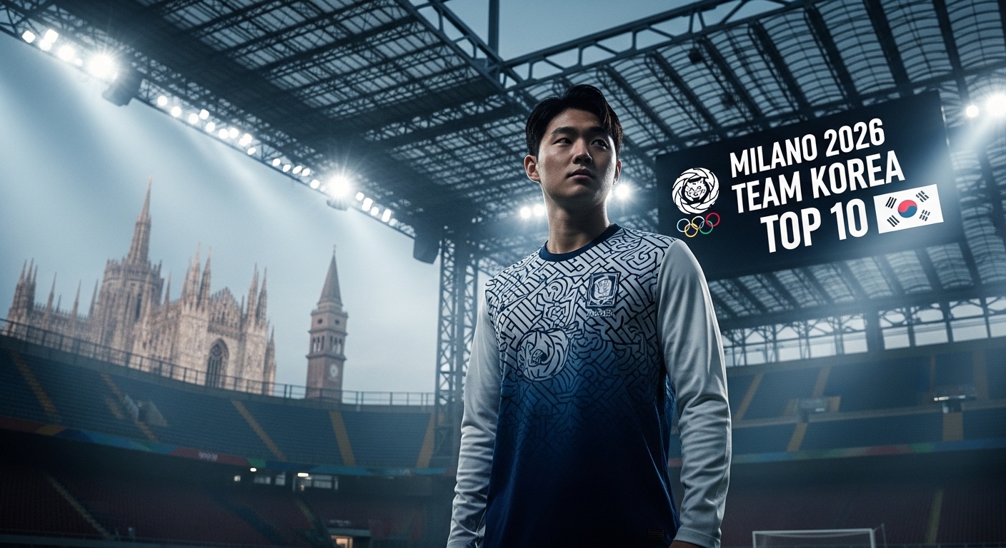 차준환 스타일의 날렵한 체형을 가진 동양인 유망주가 경기장을 배경으로 서 있는 상징적인 예시 이미지