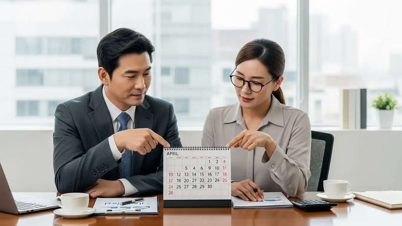 세무사와 상담하며 합산배제 신고 기간을 체크하고 안심하는 법인 대표의 모습