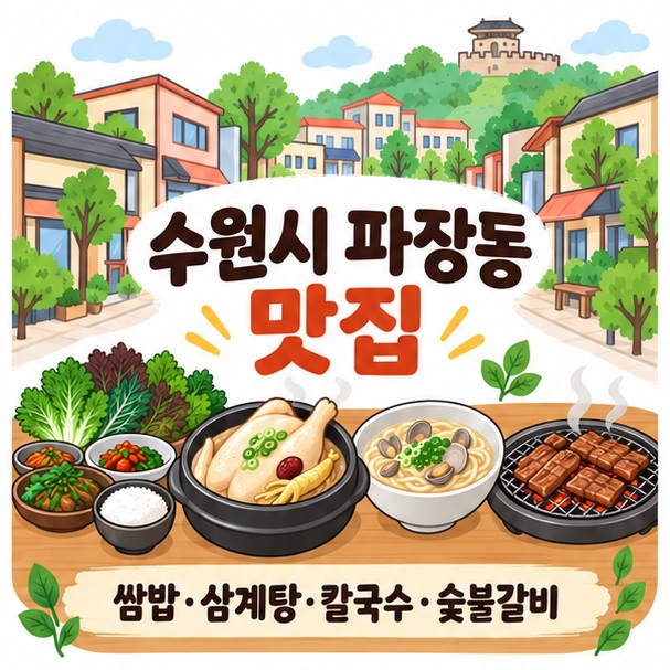 수원시 파장동 맛집과 쌈밥, 삼계탕, 칼국수, 숯불갈비를 함께 보여주는 이미지