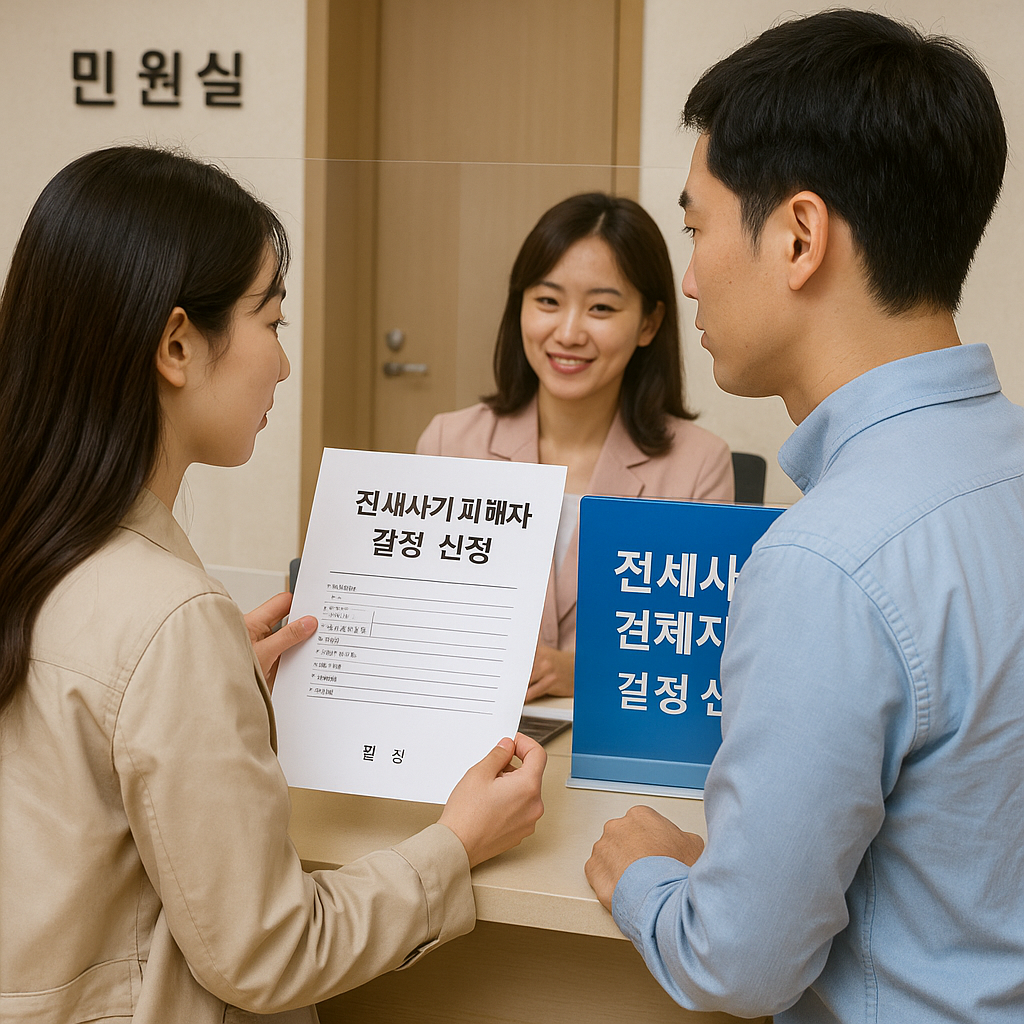 전세사기 피해자 결정 신청을 구청 방문하여 신청하는 젊은 부부