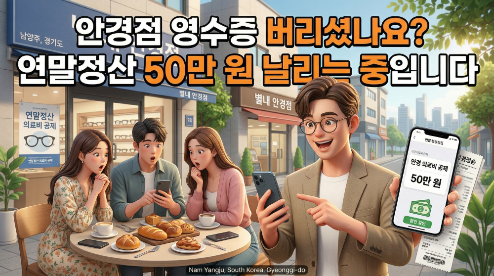 안경 및 렌즈를 연말정산 및 경정청구 가능부분 설명하는 모습을 표현한 캐릭터 이미지