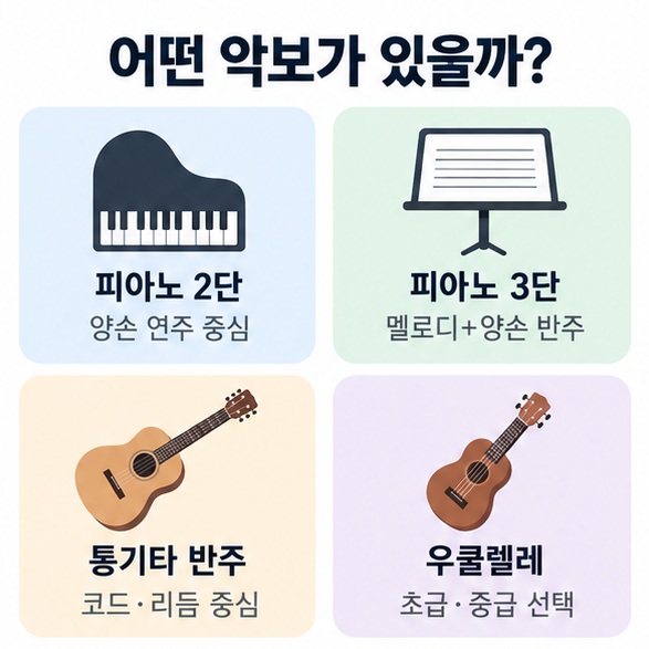 피아노 2단 피아노 3단 통기타 반주 우쿨렐레 초급 중급 악보의 차이를 비교한 인포그래픽
