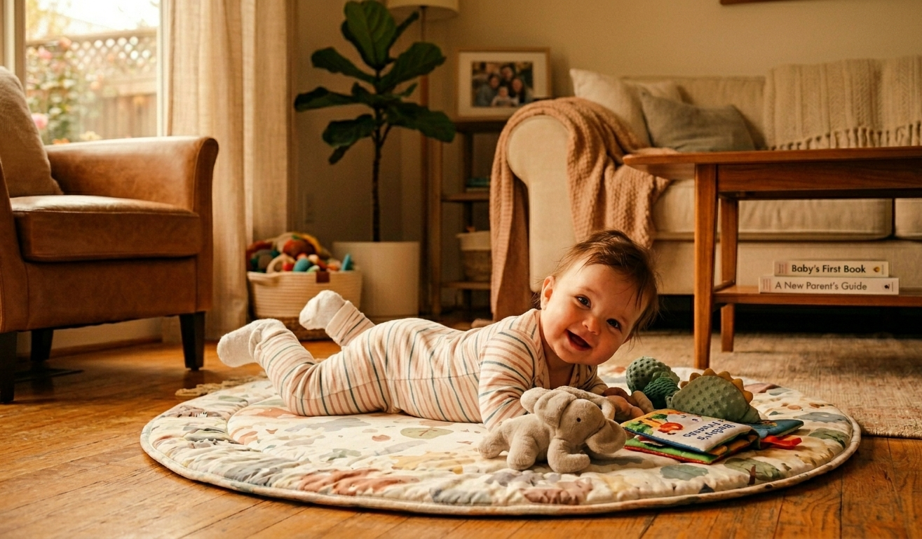 매트 위에서 웃는 아기와 장난감 (Baby with toys smiling on a play mat)