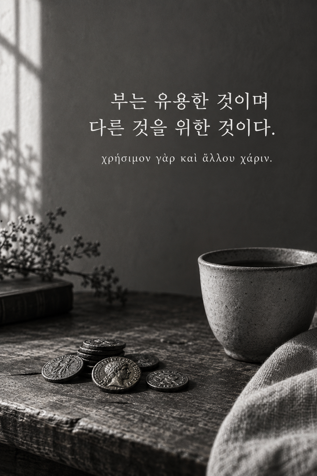 아리스토텔레스 명언 5 — 부는 유용한 것이며 다른 것을 위한 것이다. — 흑백사진