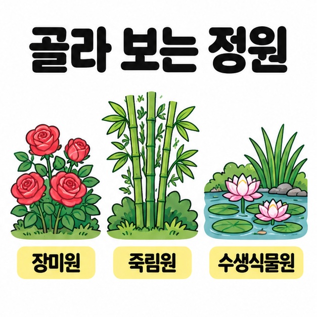 골라 보는 정원이라는 제목 아래 장미원은 장미꽃, 죽림원은 대나무, 수생식물원은 연못과 수생식물 삽화로 표현되어 있다.