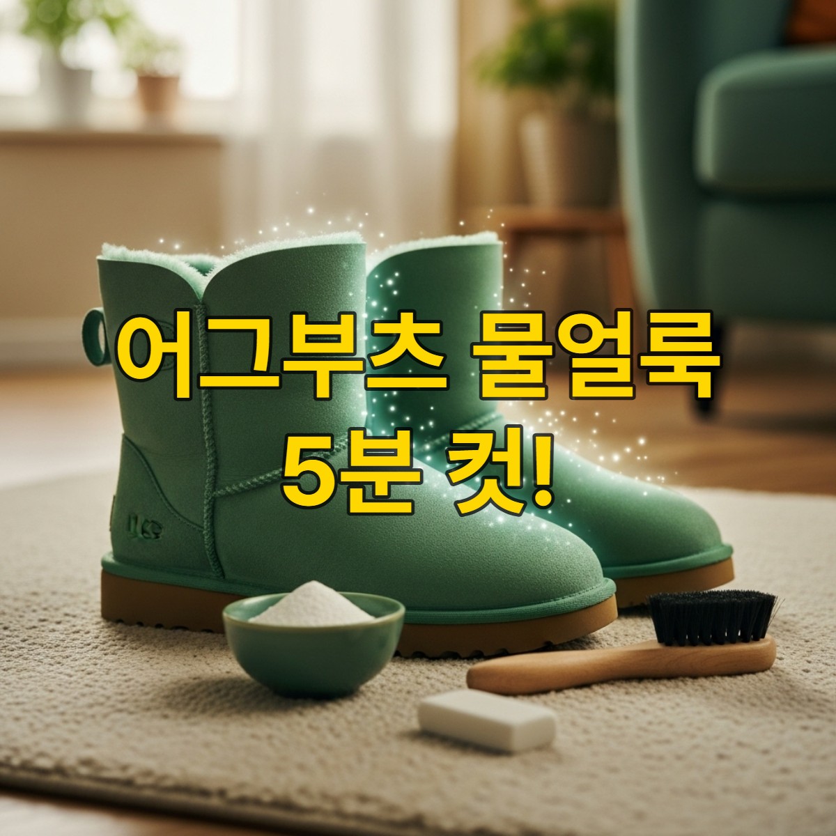 물얼룩이 깨끗하게 제거된 어그부츠와 옆에 놓인 베이킹소다, 지우개, 부드러운 솔