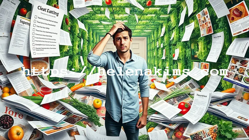 복잡하고 혼란스러운 건강 정보들 속에서 혼란스러워 하는 남성 모습.