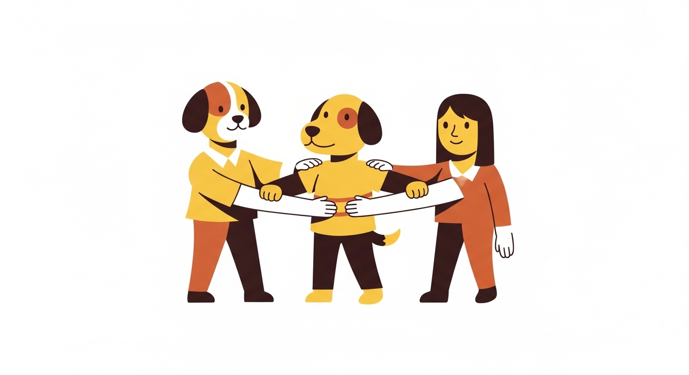 친구들과 팔짱을 끼고 단단한 유대감을 형성하며 팀워크를 과시하는 개 캐릭터 일러스트