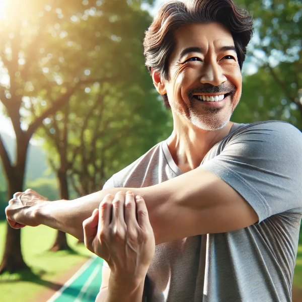 햇살 아래 스트레칭하며 건강미를 뽐내는 중년 아시아 남성
