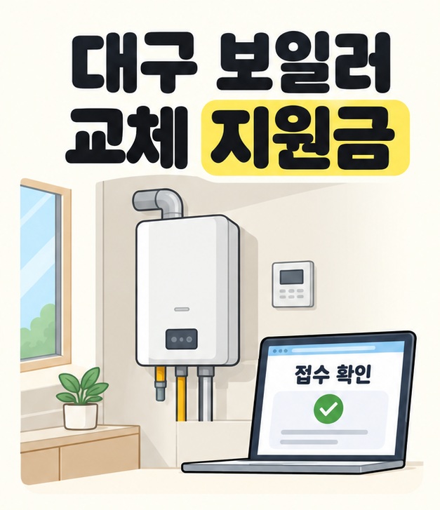 대구 보일러 교체 지원금 제목과 주택 내부의 벽걸이 보일러, 접수 확인 문구와 초록색 체크 표시가 있는 노트북을 배치한 대표 썸네일
