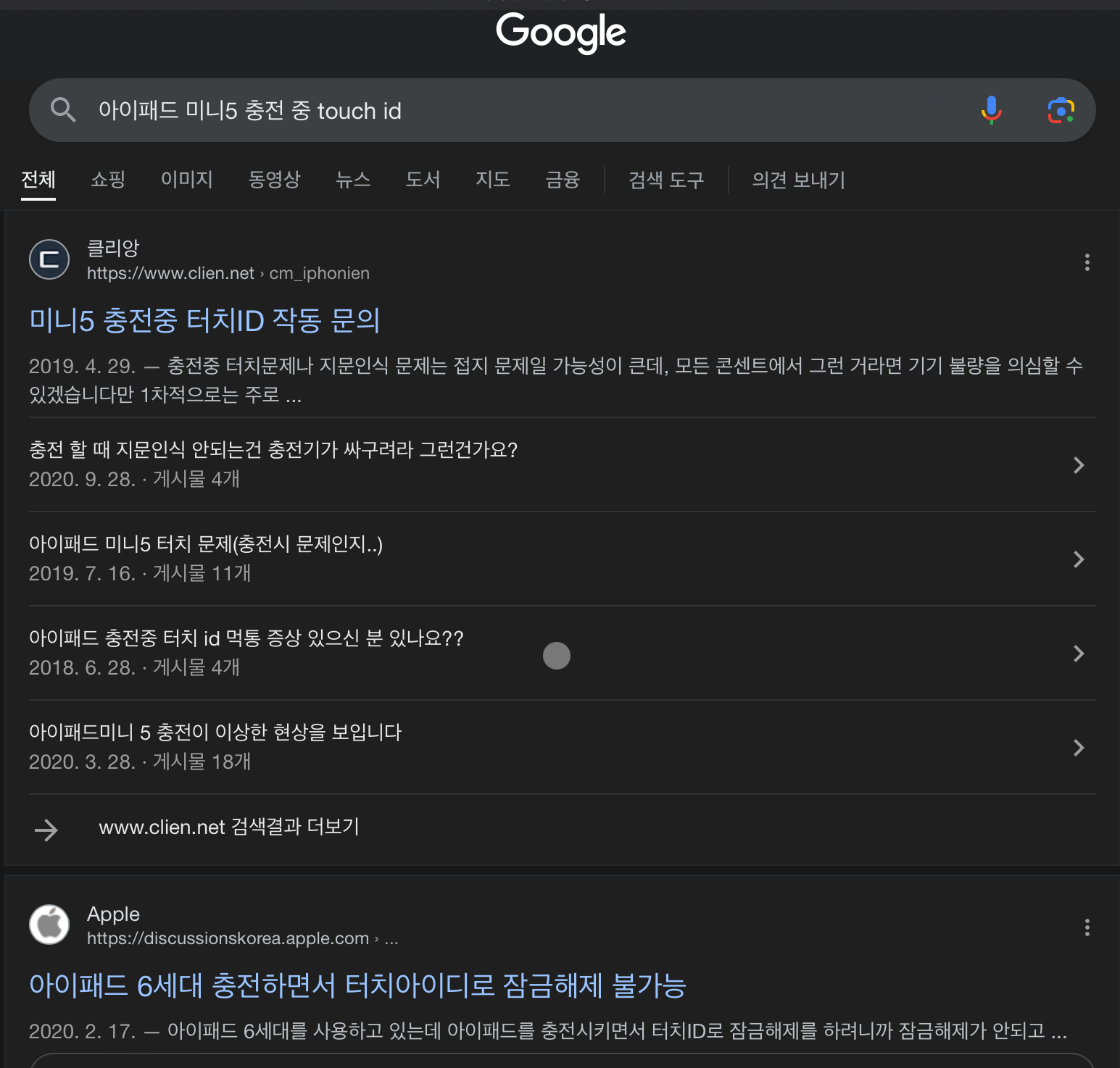 아이패드 미니5 충전 중 터치 아이디 구글 검색 화면