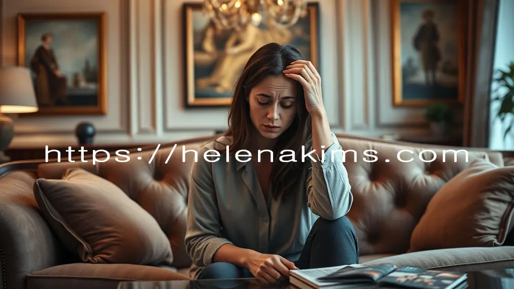 거실 쇼파에 앉은 30대 주부가 무력감과 두통에 괴로워 하는 모습.