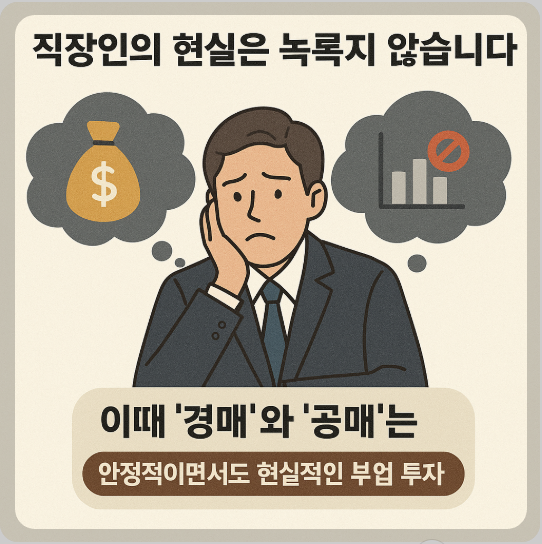 직장인이 경매과 공매중 어떤걸 고를지 고민하는 이미지