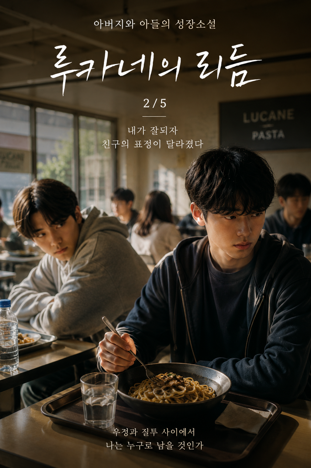 A teenage boy sits with pasta in a high school cafeteria while a close friend watches him from the side with a distant, uneasy expression. The cover represents Part 2 of &ldquo;Lucane&rsquo;s Rhythm,&rdquo; a coming-of-age story about friendship, jealousy, social attention, and a young cook struggling with how others see him after his food begins to gain recognition.