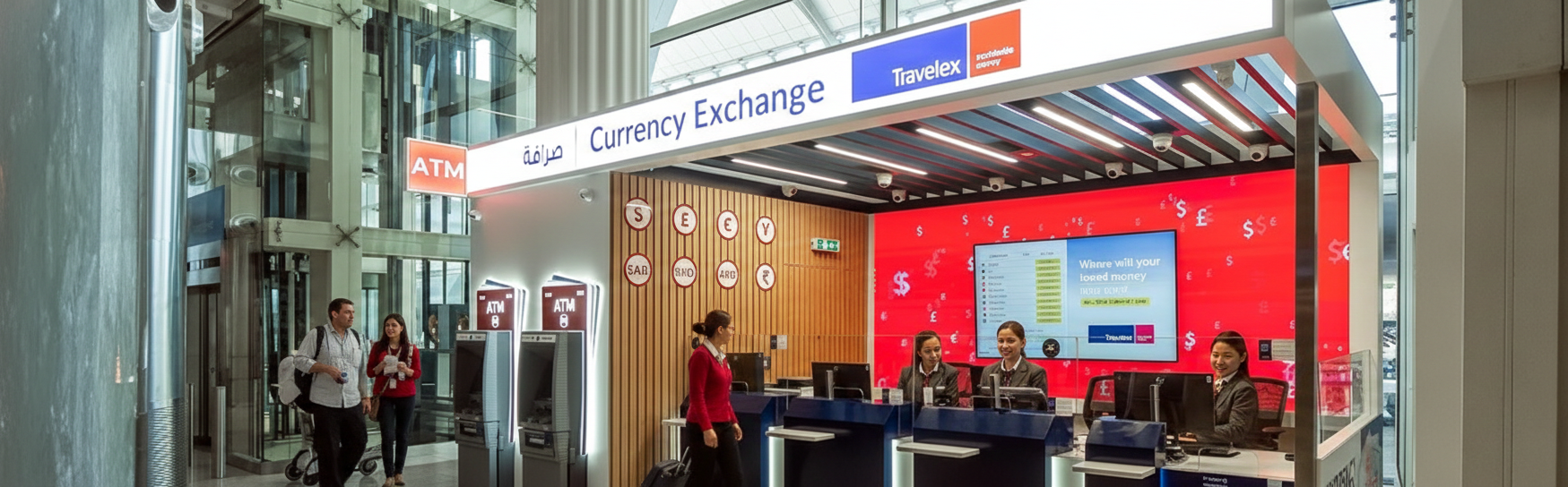 두바이 공항 환전소와 ATM에서 디르함을 환전하는 모습