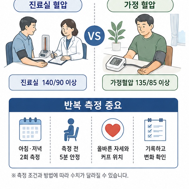 진료실 혈압과 가정혈압의 고혈압 기준이 서로 다르고 반복 측정이 중요함을 보여주는 그림
