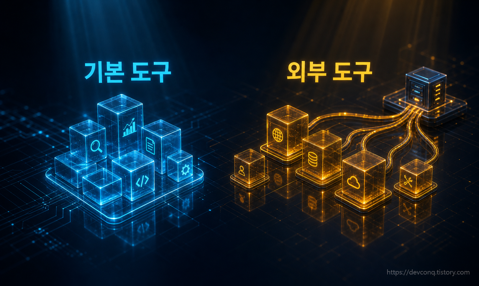 기본 내장 도구와 mcp__ 접두어가 붙은 외부 도구를 두 갈래로 나눠 보여주는 개념 장면