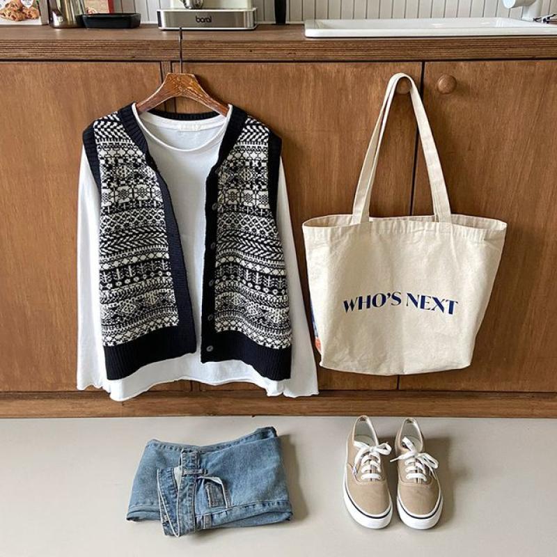 여성 가을 노르딕 패턴 포인트 단추 라운드 데일리 가디건