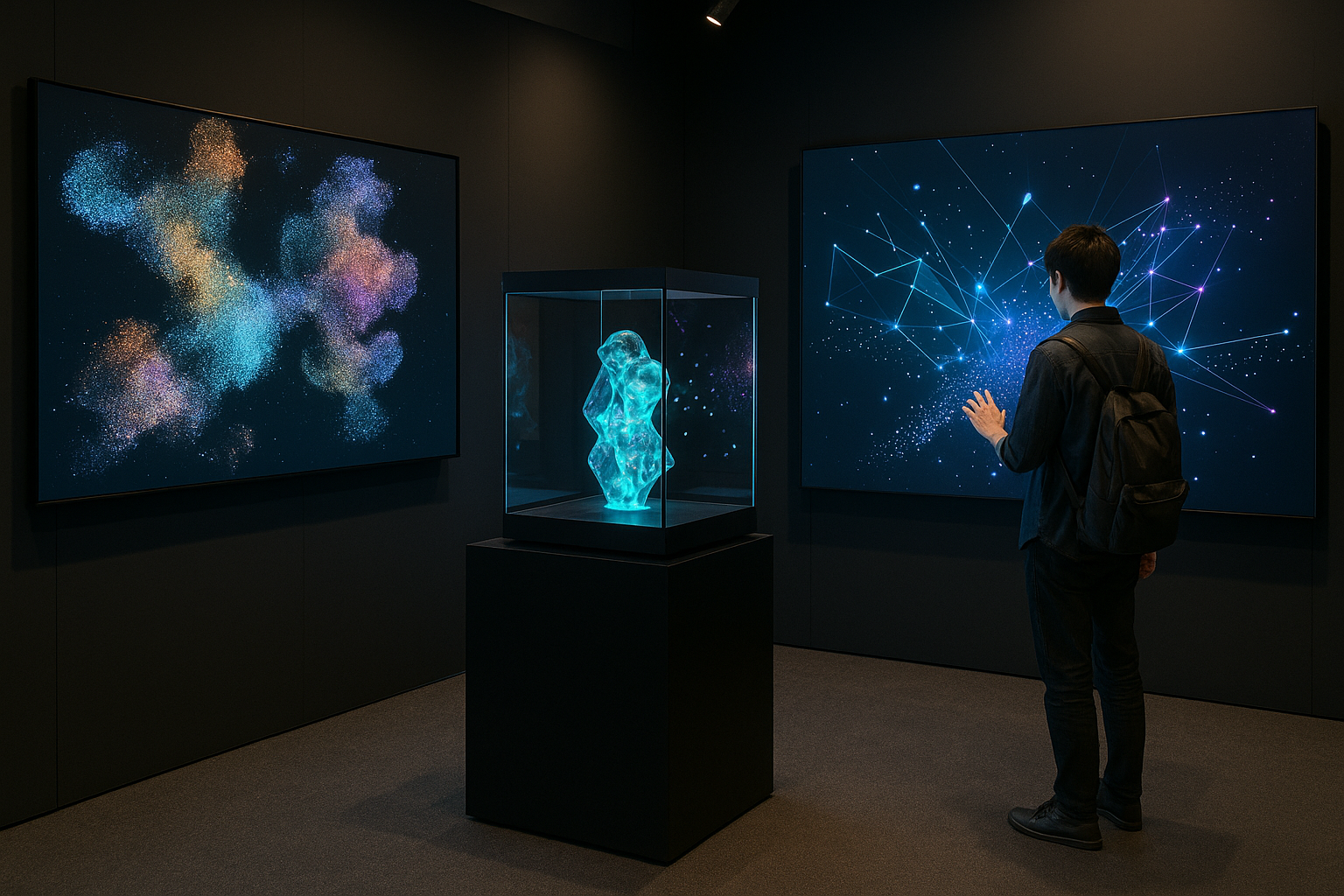 어두운 전시장 안, 파란빛 디지털 조형물과 별빛 패턴 스크린 앞에서 한 관람객이 손짓으로 작품을 체험하며 몰입하는 장면.