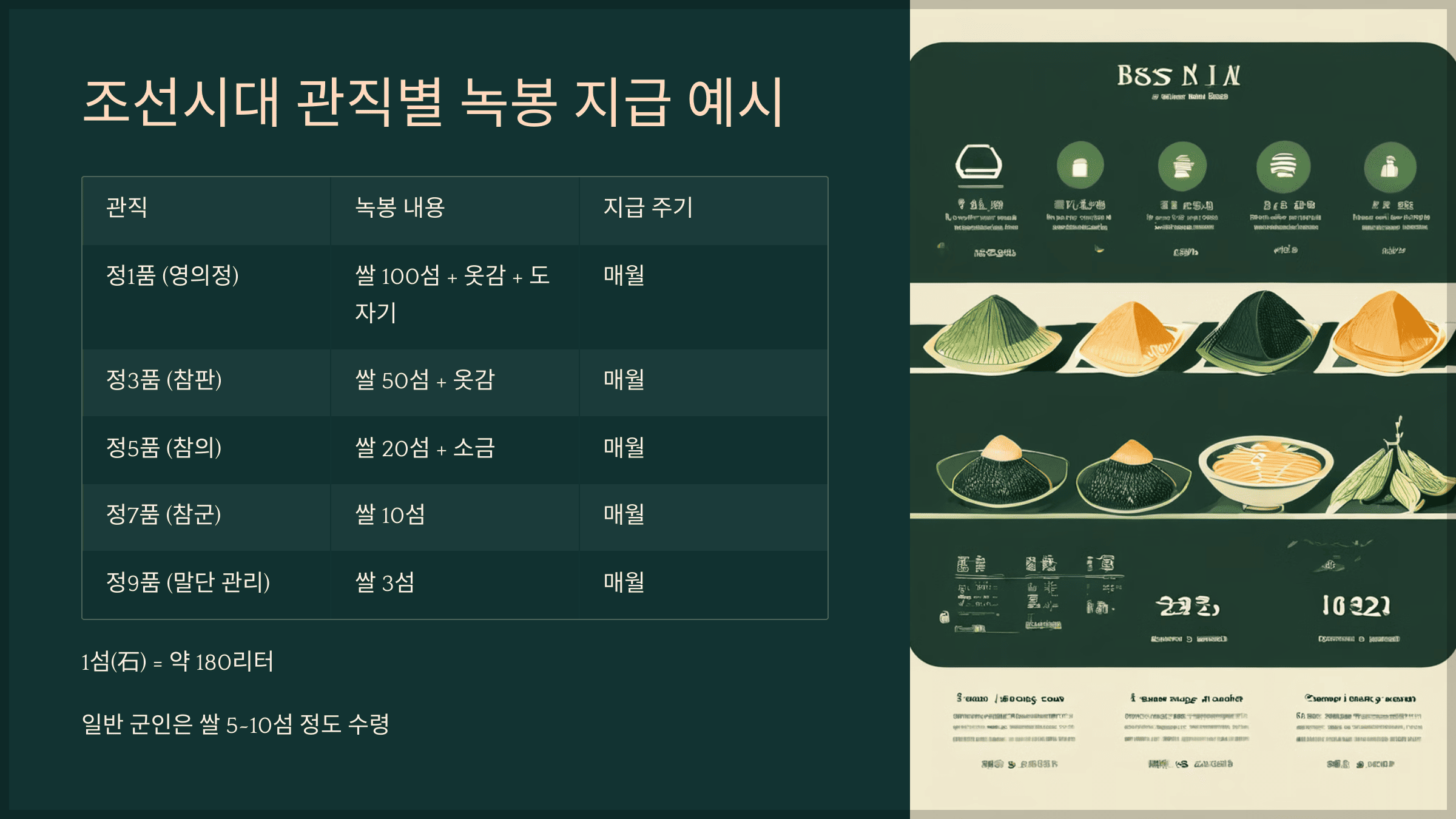 조선시대 관직별 녹봉 지급 예시