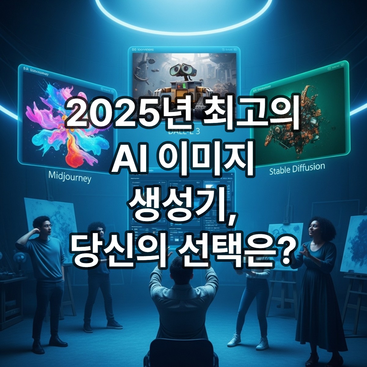 2025년 미래적인 스튜디오에서 미드저니, 달리 3, 스테이블 디퓨전을 상징하는 세 가지 홀로그램 이미지를 보며 고민하는 사람들.