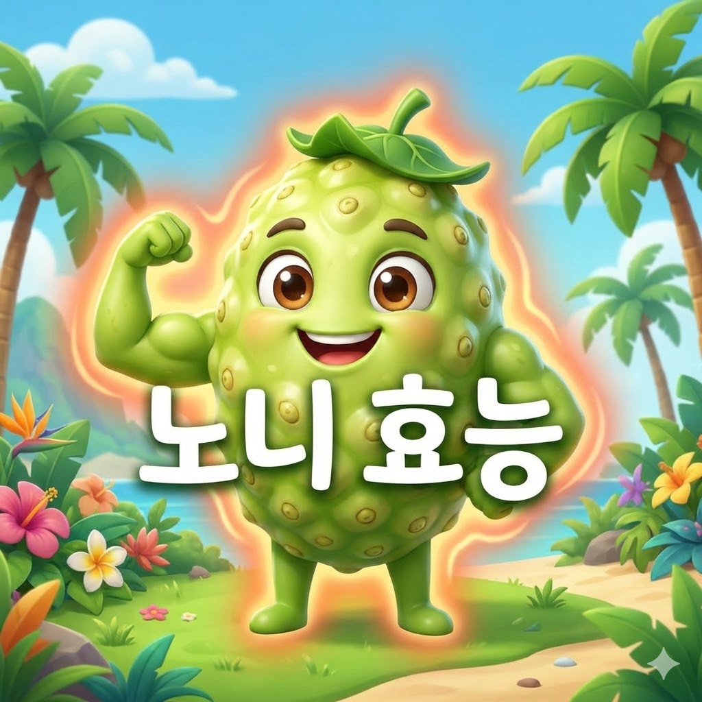 활기찬 표정으로 힘을 자랑하는 귀여운 3D 카툰 스타일 노니 캐릭터가 "노니 효능" 텍스트와 함께 건강함을 표현하는 이미지.