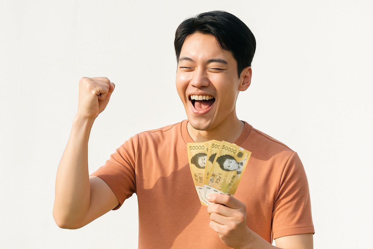 지원금을 받고 기뻐하는 청년